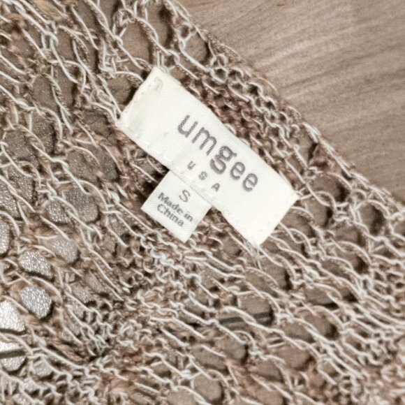 UMGEE Beige Long Cardigan Womens Size Small Melange Knit Crochet Bell Sleeve - Picture 2 of 3